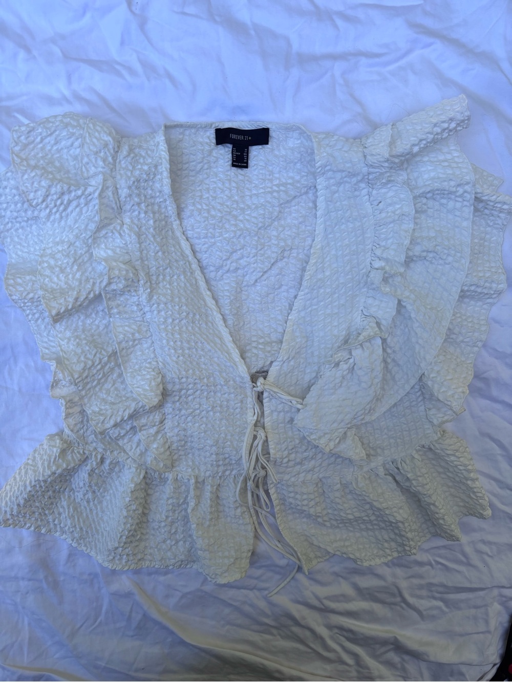 Forever 21 Cream Ruffle Tie-Front Blouse